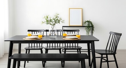 Modern dining room interior featuring a black wooden table and chairs set in a bright, minimalist home with Scandinavian-inspired decor