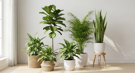 Fototapeta premium Collection of various indoor houseplants in simple pots on a wooden floor near a window