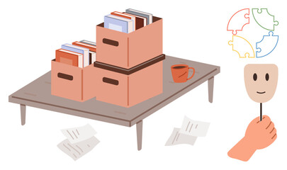 Stack of boxes filled with books on table, scattered papers, a cup, hand holding theatrical mask, abstract puzzle pieces. Ideal for organization, creativity, self-expression, teamwork psychology