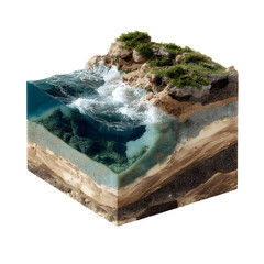Stunning cross-section reveals dynamic ocean waves crashing onto lush green coastal cliffs and layered earth below