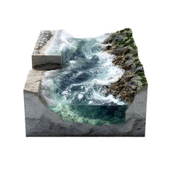 Dramatic cross section of ocean waves crashing against rocky shore and concrete embankment showcasing clear turquoise water and underwater marine life details