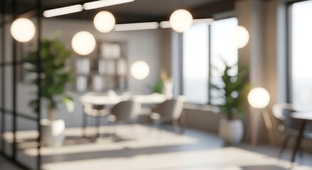 Bright Open Plan Office With Modern Workstations, Soft Bokeh Lights and Collaborative Atmosphere