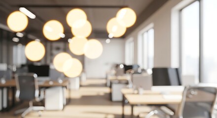 Bright Open Plan Office With Modern Workstations, Soft Bokeh Lights and Collaborative Atmosphere