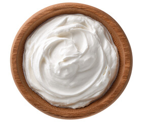 Creamy, white yogurt or sour cream in a wooden bowl