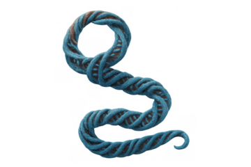 Blue knitted rope-like cable twisting into a double helix shape, forming an s-curve, presented on a transparent background