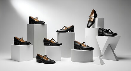 A sophisticated collection of women's classic dress shoes, showcasing timeless elegance and modern design elements in a professional studio setting with geometric displays