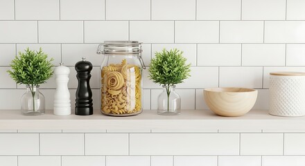 Minimalist Kitchen Shelf with Pasta, Plants and Utensils