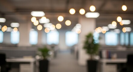 Bright Open Plan Office With Modern Workstations, Soft Bokeh Lights and Collaborative Atmosphere