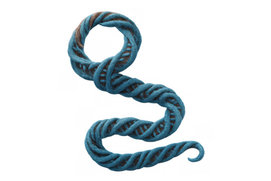 Blue knitted rope-like cable twisting into a double helix shape, forming an s-curve, presented on a transparent background - Powered by Adobe