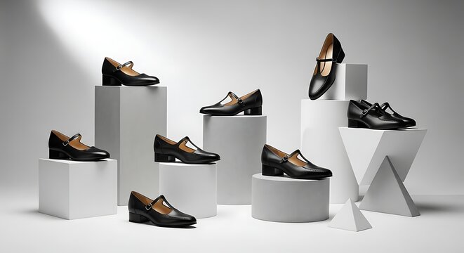 A sophisticated collection of women's classic dress shoes, showcasing timeless elegance and modern design elements in a professional studio setting with geometric displays