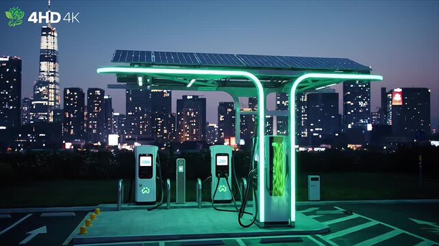 Electric vehicle charging station with solar panel roof in a modern city at dusk
