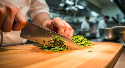 Chef cutting fresh herbs with sharp knife, dramatic lighting contrast, culinary craftsmanship photography for professional kitchen branding