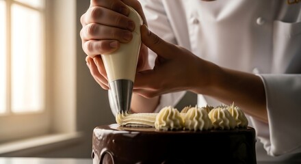 Pastry chef decorating chocolate cake with cream swirls, cinematic soft window light, patisserie photography for premium dessert branding
