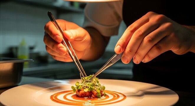Chef plating gourmet dish with precision tweezers, glossy sauce details, fine dining photography for luxury restaurant marketing