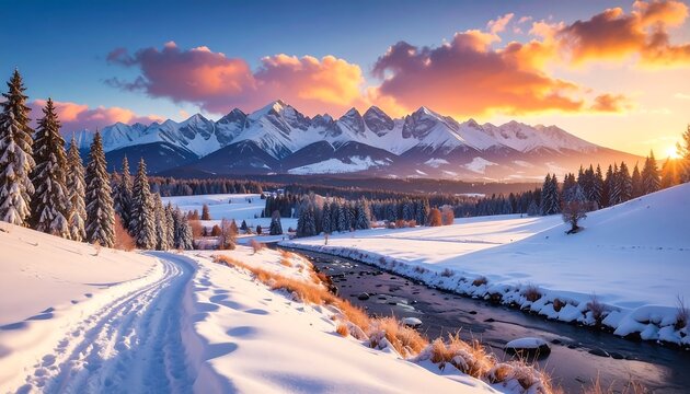 A snow-covered landscape with a river and mountains under a sunset sky. Evergreens line the river. A road is visible