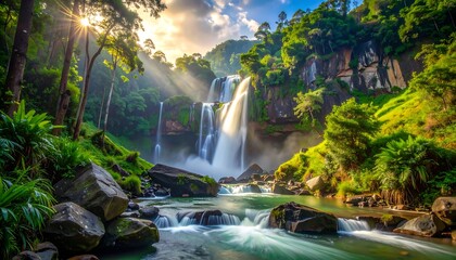 A majestic waterfall cascades down mossy cliffs, surrounded by lush green foliage and sunlit beams. A serene river flows below
