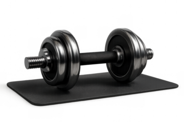 Adjustable chrome barbell dumbbell resting on a black yoga mat, representing fitness, strength, and workout concepts