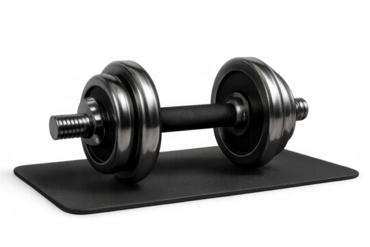 Adjustable chrome barbell dumbbell resting on a black yoga mat, representing fitness, strength, and workout concepts