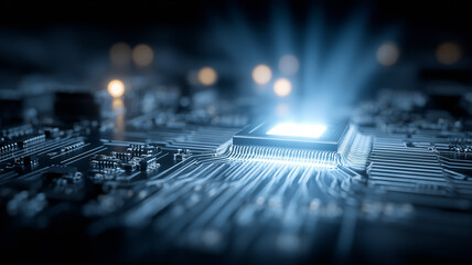 Central processor embedded in a circuit substrate, representing advanced computing power, energy efficiency and next generation chips.
