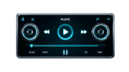 Sleek futuristic digital audio player interface with glowing blue controls and minimalist design for modern media enjoyment