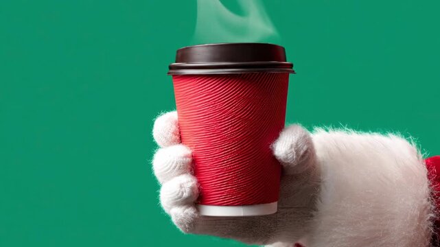 A cozy, gloved hand, adorned with white fluffy trim and a hint of red fabric, holds a steaming red corrugated takeaway cup against a vibrant, solid green background. Wisps of steam gracefully rise fro