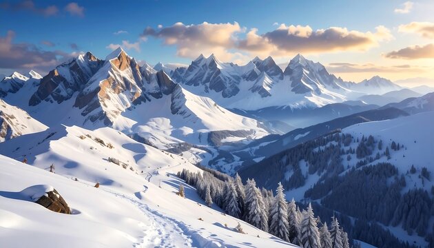 A majestic winter landscape featuring snow-covered mountain peaks illuminated by the morning sun, with trails and pine trees