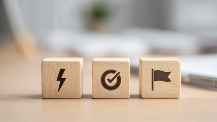 Three wooden blocks with lightning, check mark, and flag icons to represent quick action, verified progress, and a clear goal.
