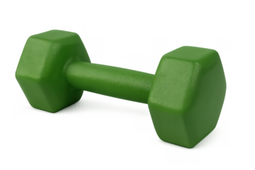 Green fitness dumbbell promoting strength training and effective workout sessions on a transparent background