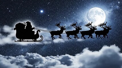 Silhouette of Santa Claus flying through the night sky with his eight reindeer - Powered by Adobe