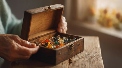 Elderly hands opening a small box filled with puzzle pieces, expressing nostalgia, memory care and the treasure of lived moments.
