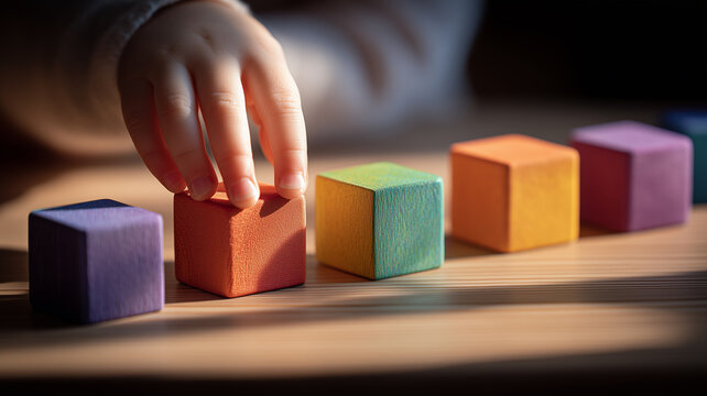 Child hand arranging wooden blocks in sequence to represent the learning process, order and foundational skills.
