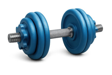 Adjustable blue dumbbell with weight plates on a transparent background, representing fitness, workout, and strength training concepts