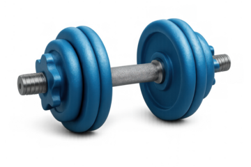 Adjustable blue dumbbell with weight plates on a transparent background, representing fitness, workout, and strength training concepts