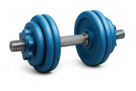 Adjustable blue dumbbell with weight plates on a transparent background, representing fitness, workout, and strength training concepts