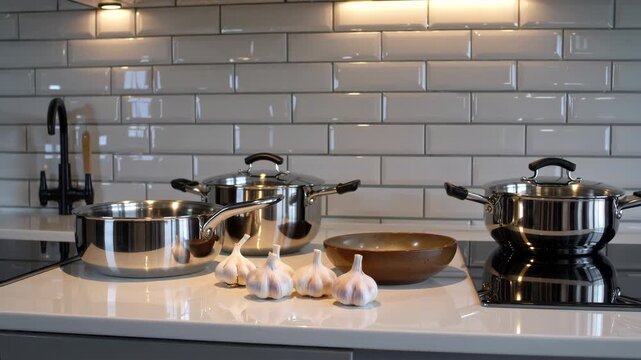Modern kitchen elegance featuring stainless steel cookware, garlic, ceramic bowl, and white tile backsplash