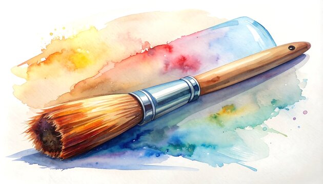 A paint brush with wooden handle and silver ferrule, over colorful watercolor washes, with orange, blue, green, and red hues