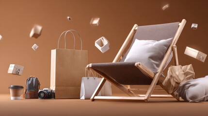 Luxury beach chair with shopping bags and floating boxes in ecommerce vacation concept