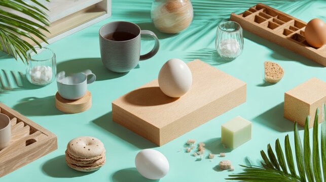 Minimal coffee and spa essentials display on turquoise background with palm leaves