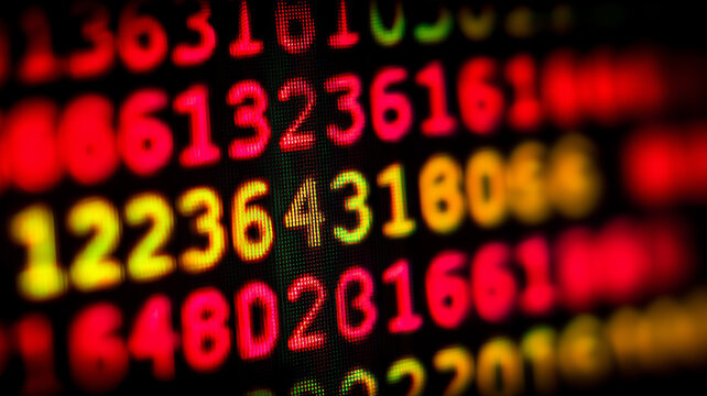 Magnified digital numbers on a screen, conveying data streams, algorithms and statistical analysis for insights.