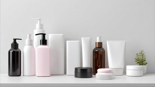 Monochrome white and black skincare and hygiene product bottles on clean backdrop
