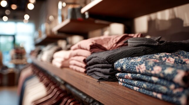 Retail clothing display with folded garments and hanging shirts