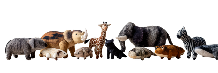 Charming collection of handcrafted stuffed safari animals and farm creatures for delightful children's stories and educational play