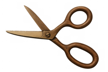 Vintage bronze scissors displaying open blades, antique tailor shears with textured handles, craft cutting tool on transparent background