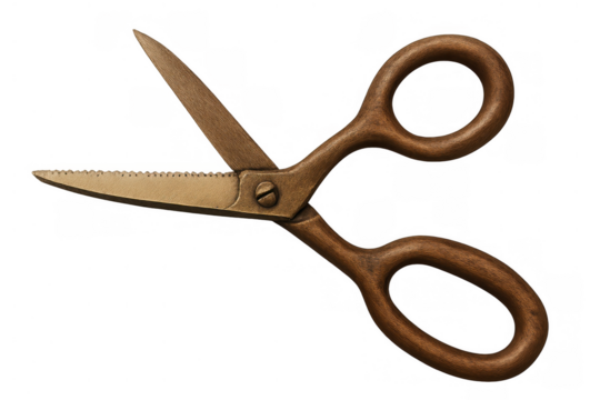 Vintage bronze scissors displaying open blades, antique tailor shears with textured handles, craft cutting tool on transparent background