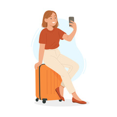 Young woman sitting on suitcase and taking selfie with smartphone, concept of travel, waiting at airport, adventure, and digital lifestyle, flat vector illustration for tourism or vacation themes.