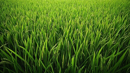 Obraz premium Lush green rice paddy field, rural landscape, agriculture, farming background, ideal for food or travel websites.