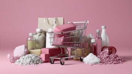 Shopping cart and beauty products on pink background with soft textures for wellness and lifestyle visuals