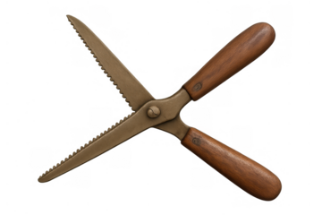 Vintage serrated metal scissors with wooden handles crossing, isolated on transparent background, old cutting tool concept