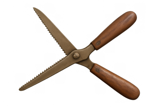 Vintage serrated metal scissors with wooden handles crossing, isolated on transparent background, old cutting tool concept