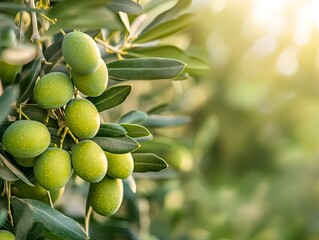 Green olives ripening on a branch in an orchard at sunset; healthy food, agriculture.